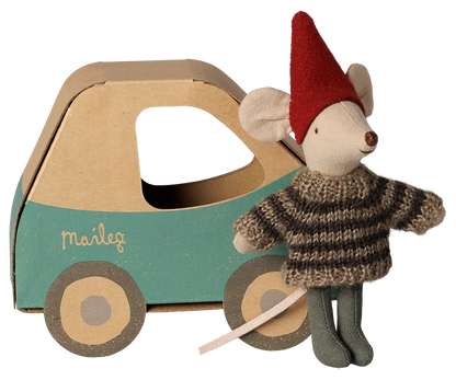 Little Mouse Stuffed Animal in Red Hat and Striped Sweater standing in front of Green Car