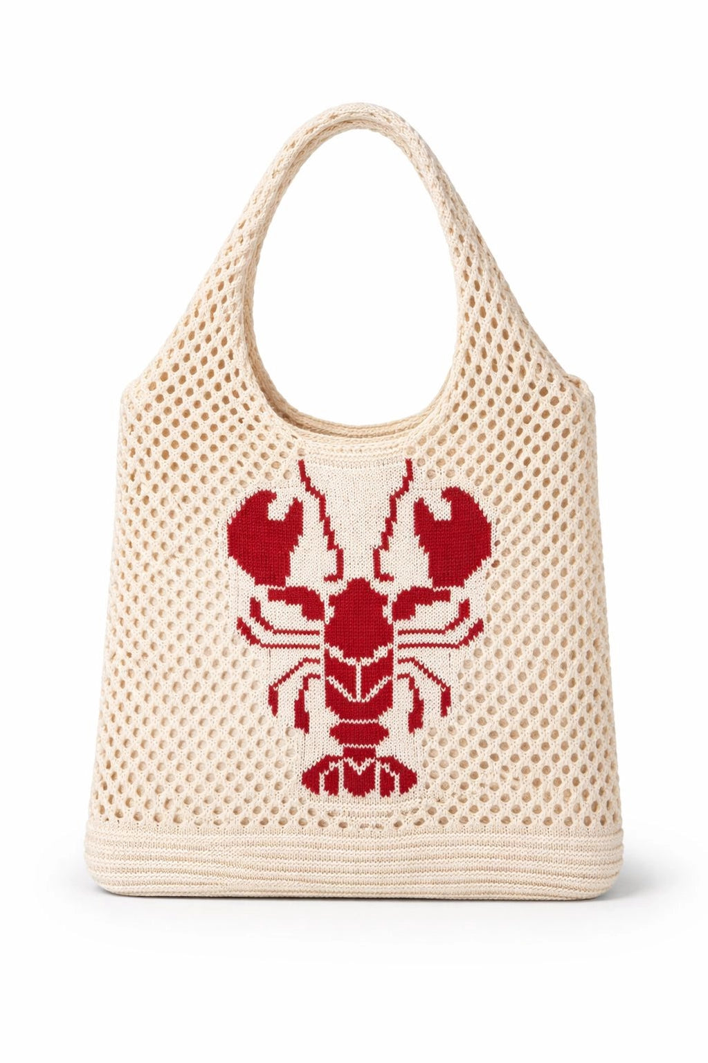 A cream-colored open-knit tote bag featuring a red knitted lobster design on the front, set against a plain white background.