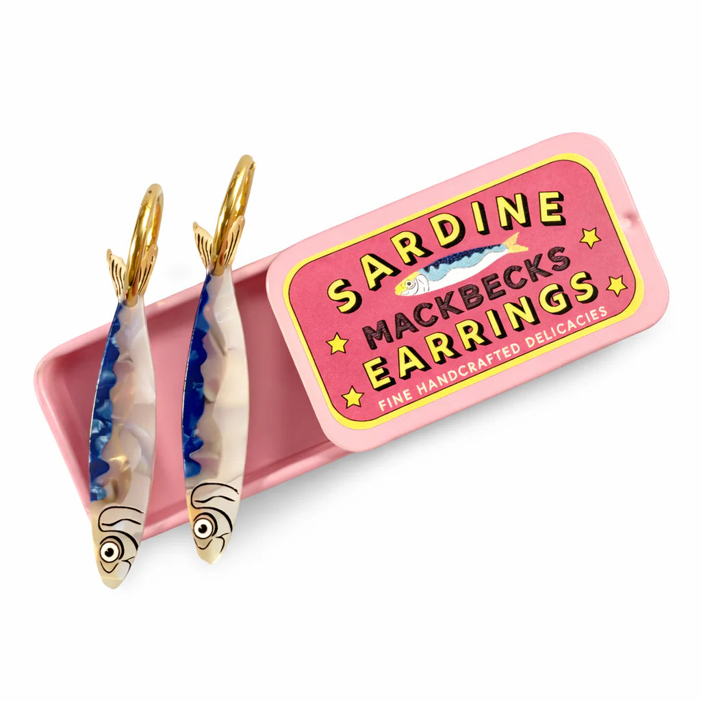 Sardine mackbecks earrings with a pink tin labeled 'Sardine Mackbecks Earrings' on a white background.
