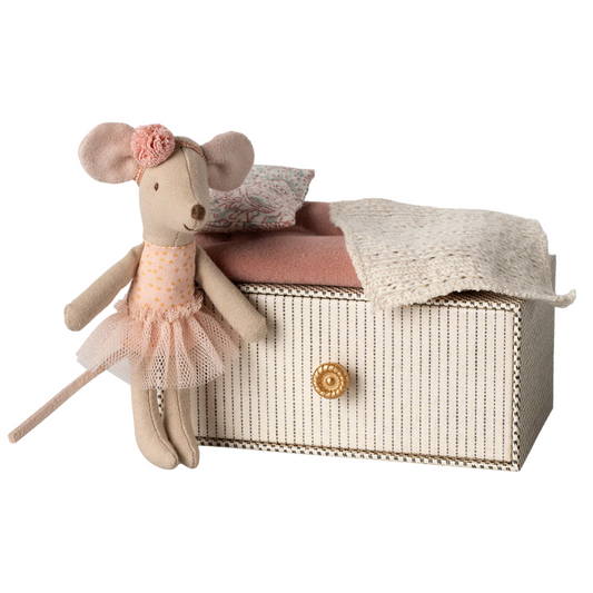 Maileg Dance Mouse in Daybed, A perfectly pink ballerina mouse in a feminine matchbox dresser box with a knob for opening and closing the box. 
