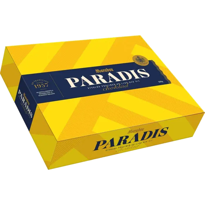 Yellow box of Paradis chocolate bars Classic Swedish chocolate praline box that is found in every household during this time of year.