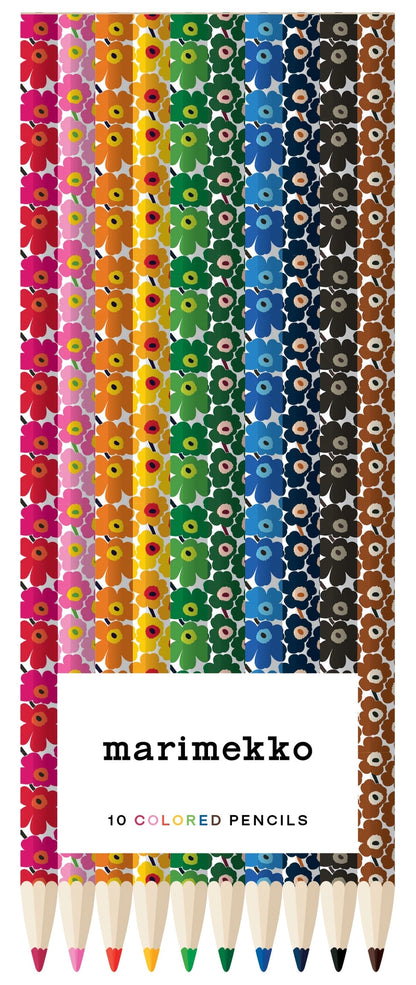 Set of 10 colored pencils with Marimekko design on a white background