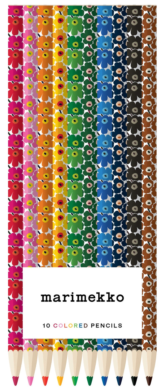 Set of 10 colored pencils with Marimekko design on a white background