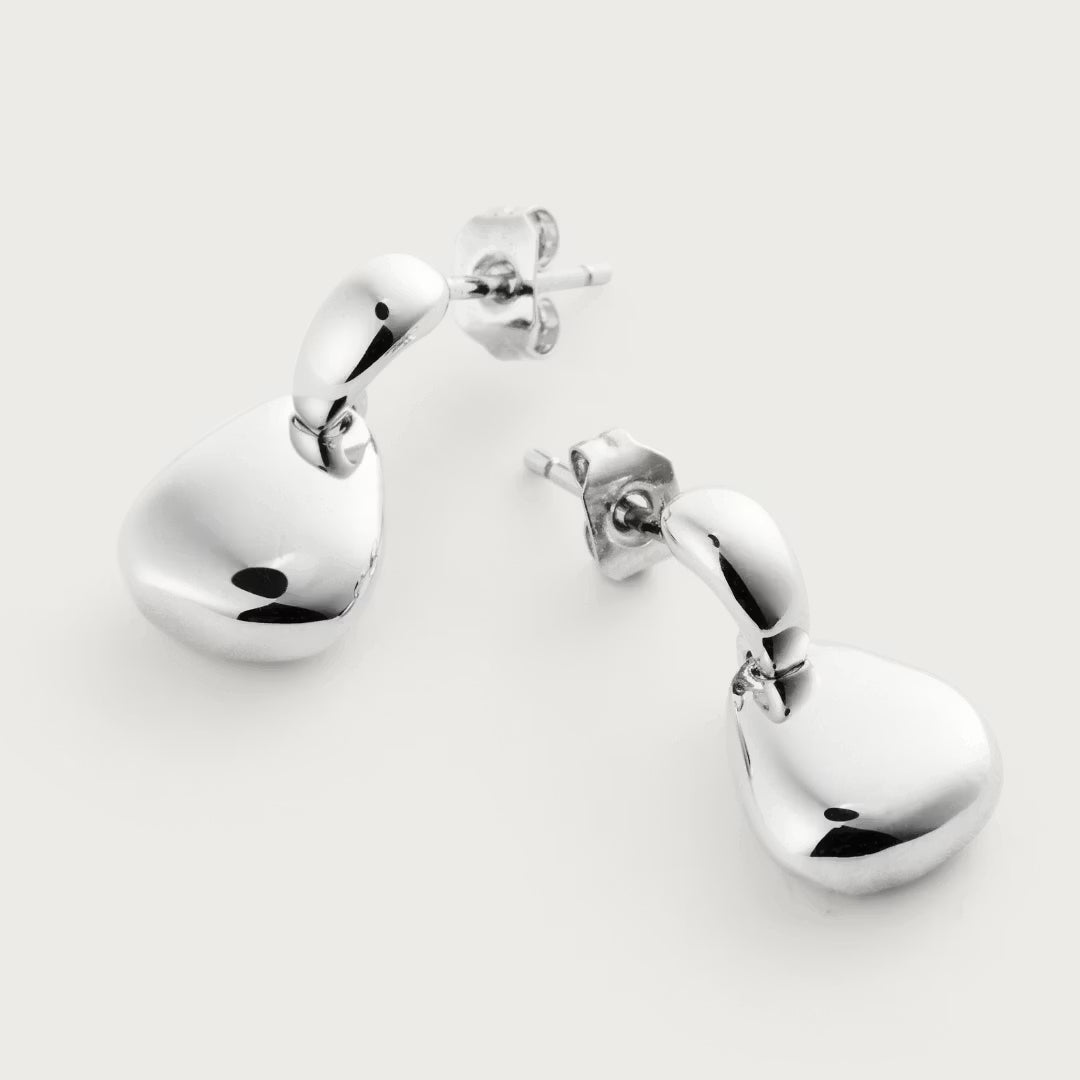 Pair of silver earrings on a light gray background