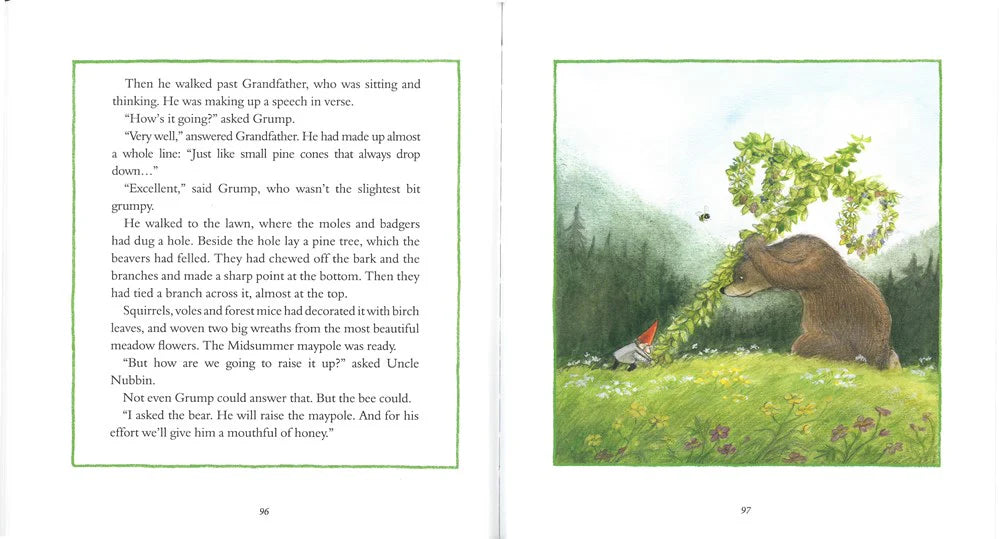 Illustrated book page with a bear and a tomte in a forest setting.