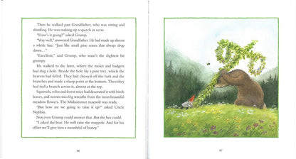 Illustrated book page with a bear and a tomte in a forest setting.
