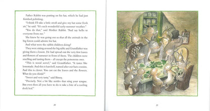 Illustrated book page with Father Rabbit and children at a table, accompanied by text.