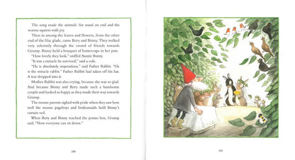 Illustrated book page with a gnome and rabbit character among nature elements.