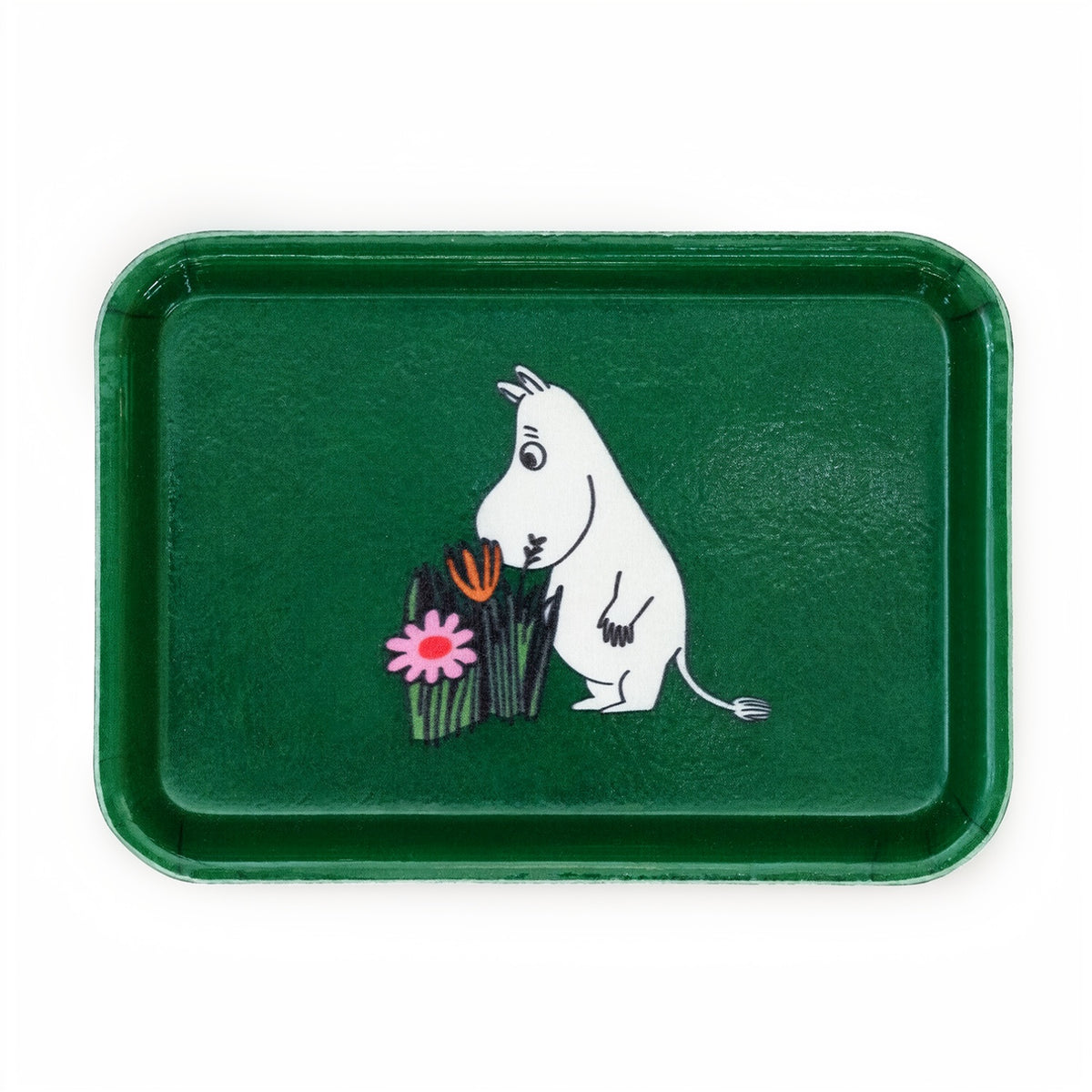 Green Tray with Moomin sniffing flowers on white background