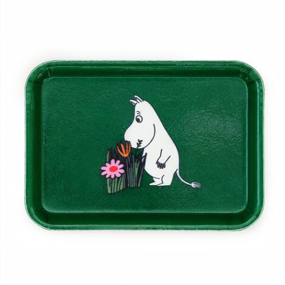 Green Tray with Moomin sniffing flowers on white background