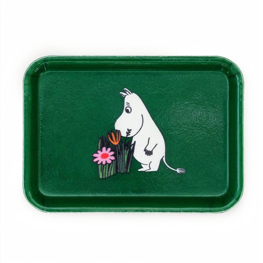 Green Tray with Moomin sniffing flowers on white background