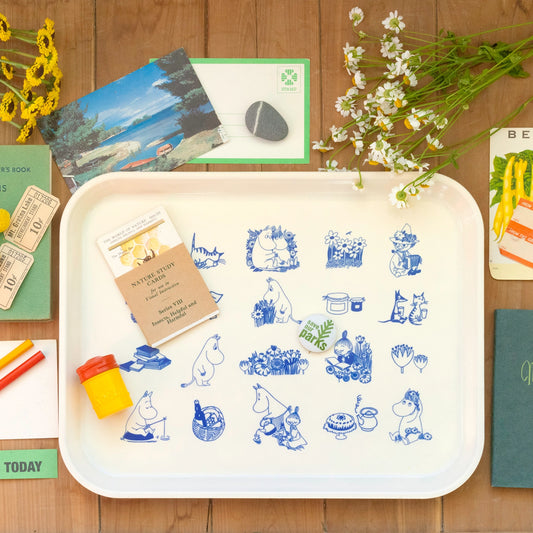 White tray with blue illustrations on a wooden surface with flowers and books.