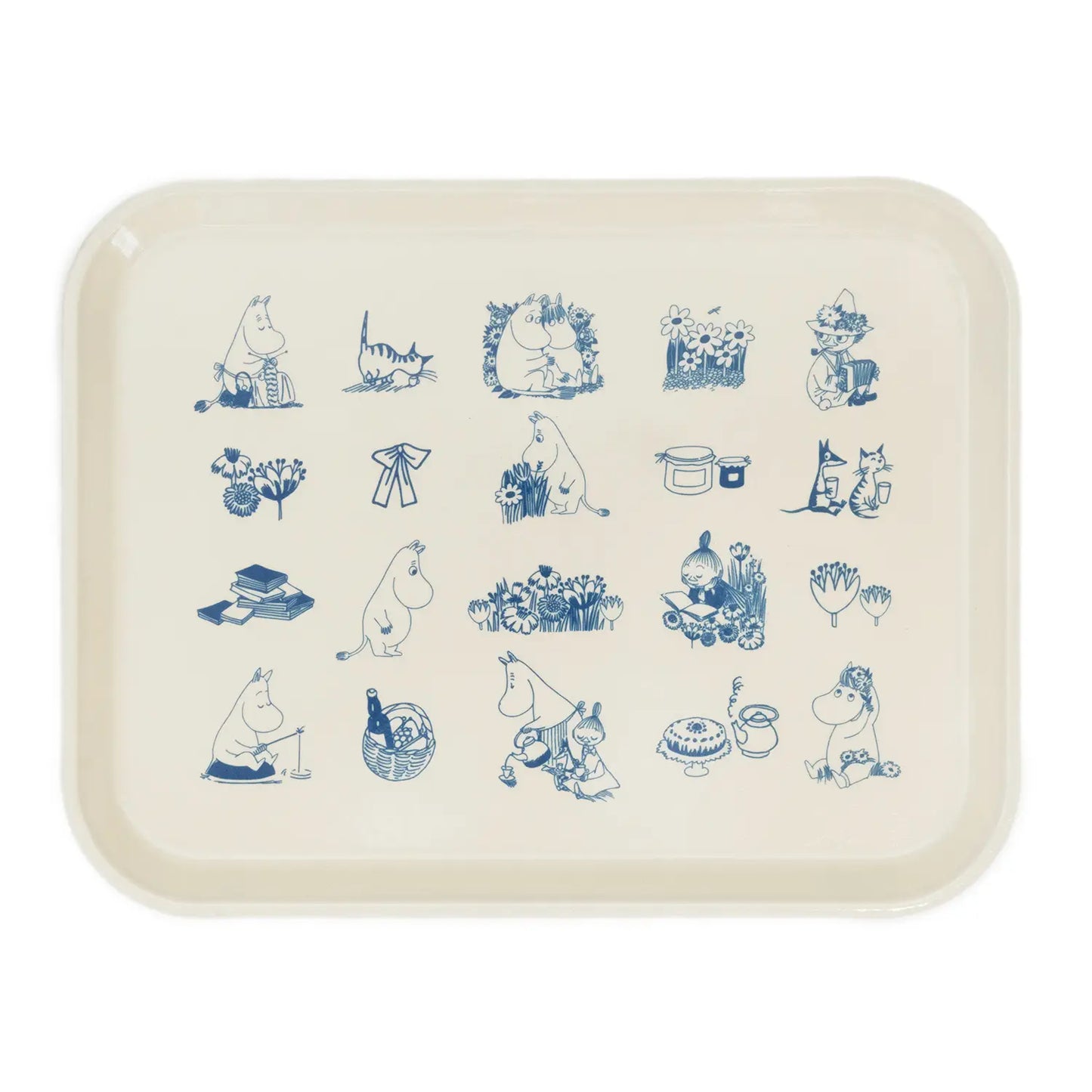 An off-white rectangular serving tray with rounded corners, decorated with a blue grid of Moomin character illustrations, shown on a plain white background.