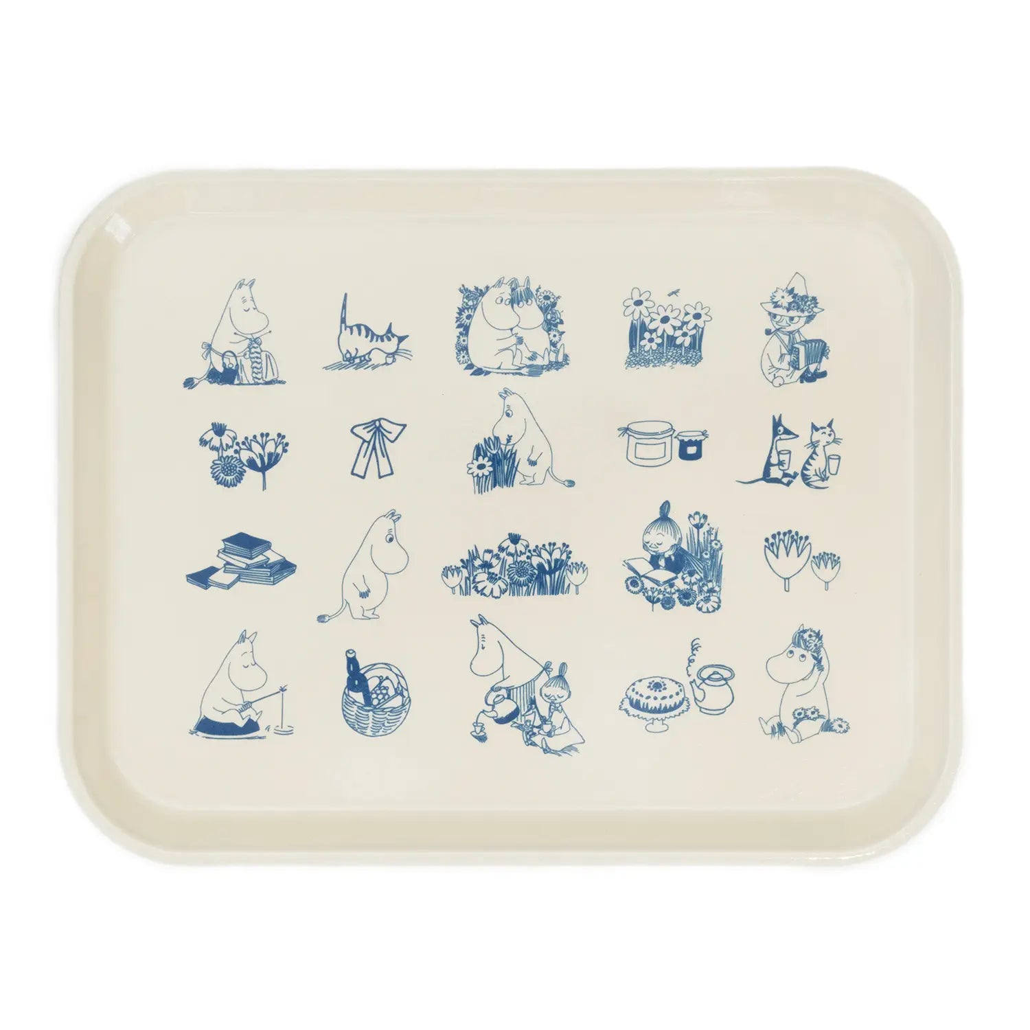 An off-white rectangular serving tray with rounded corners, decorated with a blue grid of Moomin character illustrations, shown on a plain white background.