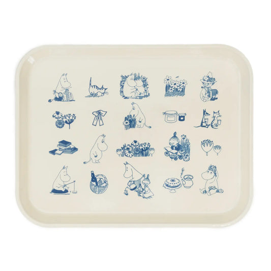 An off-white rectangular serving tray with rounded corners, decorated with a blue grid of Moomin character illustrations, shown on a plain white background.