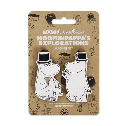 Cardboard packaging with a set of two moomin pappa magnets on the front. Finland Moomin Nordicbuddies