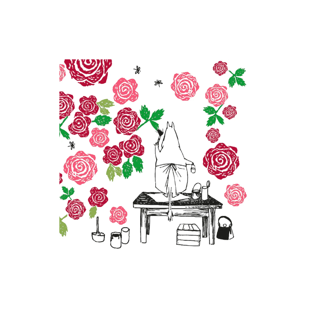 Moomin Lunch Napkins, these are classic Moomin artworks by Tove Jansson. Dress up your table with some Nordic design. These paper napkins are triple-ply and facial-quality, making them the ideal way to add a splash of sophistication and function to your next dinner party or for everyday use. Moominmamma is painting a rose wall art.