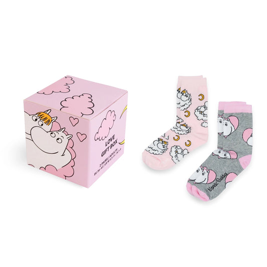 Moomin Gift Box with Socks next to it on white background
