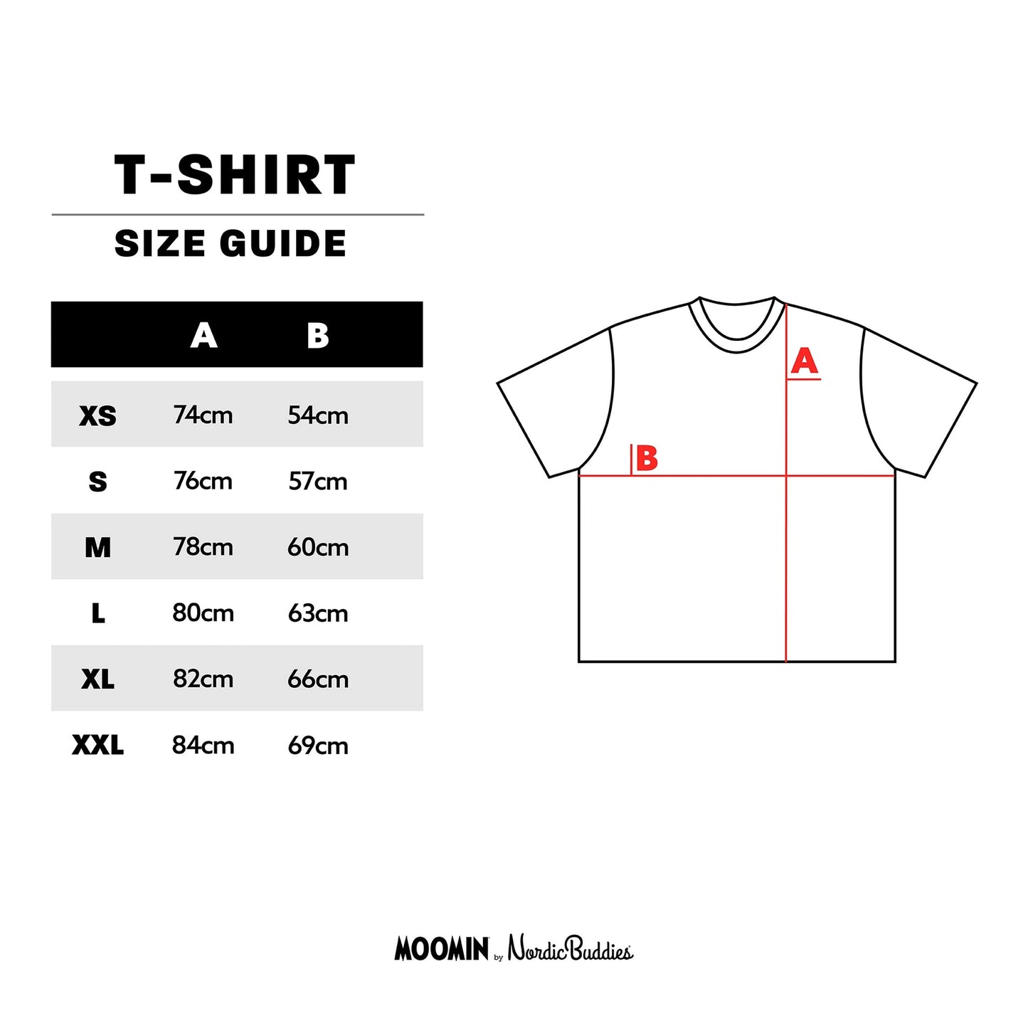 T-shirt size guide with measurements and Moomin logo