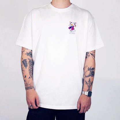 Person wearing a white t-shirt with a small logo on a plain background