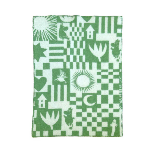 Green and white patterned blanket with various shaped and moomin characters on a white background