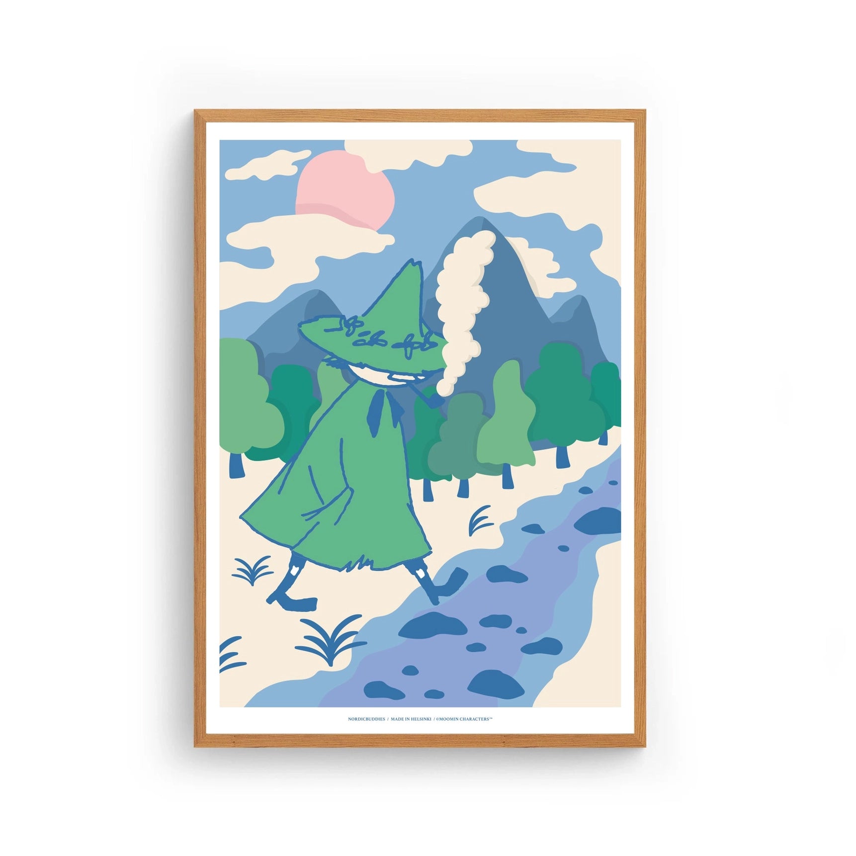 Framed illustration of a character in a green outfit walking along a path with mountains and trees in the background.