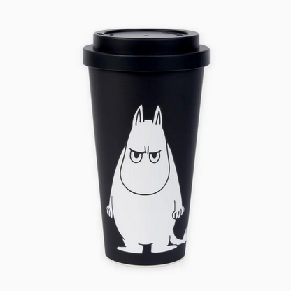 Black travel mug with a white cartoon character on a white background