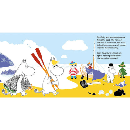 Illustration of Moomin characters on a beach they are going to go on adventures.