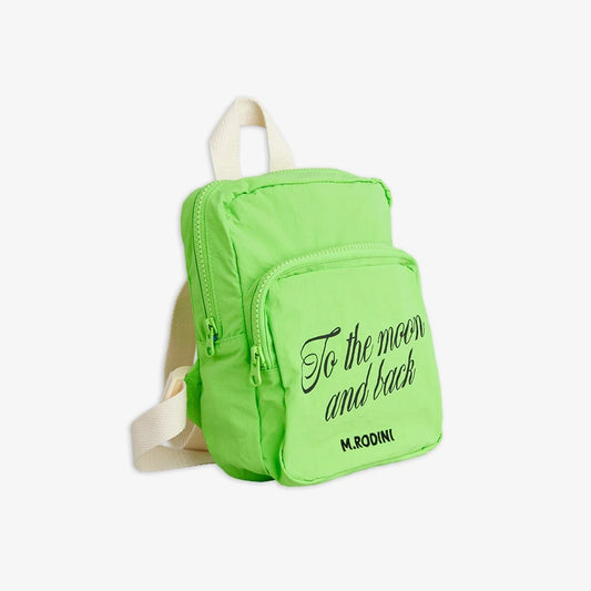 Green backpack with 'To the moon and back' text and M.Rodini logo on a white background
