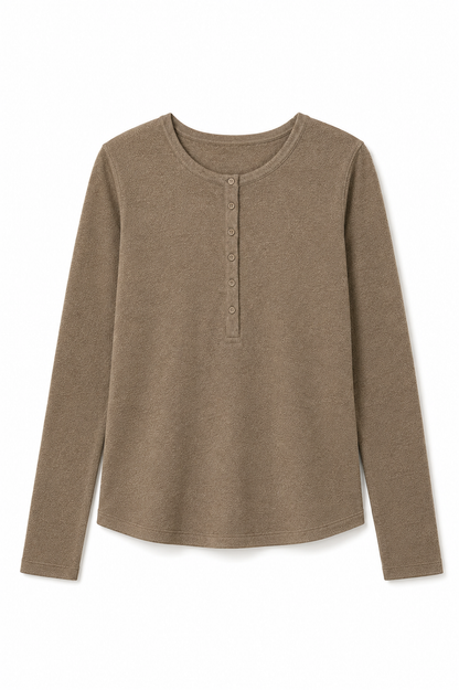 A long-sleeve henley top in a warm taupe-brown color, featuring a buttoned neckline, displayed on a clean white background.
