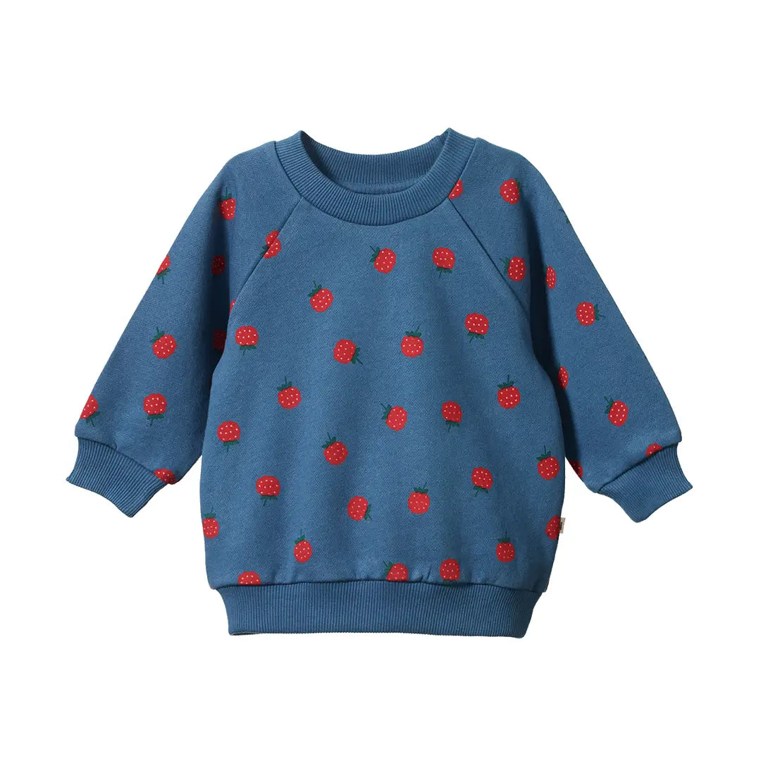 A blue long-sleeve crewneck sweatshirt for kids, featuring an all-over pattern of red ladybugs with small green leaves, displayed on a solid white background.