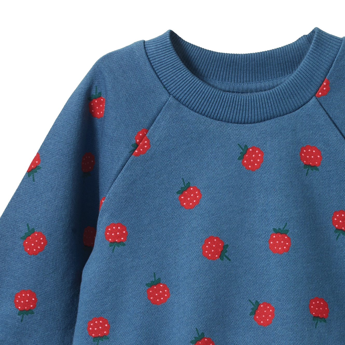 A close-up of a blue long-sleeve sweatshirt featuring an all-over strawberry print, with a ribbed crew neck and raglan sleeves, shown against a plain white background.