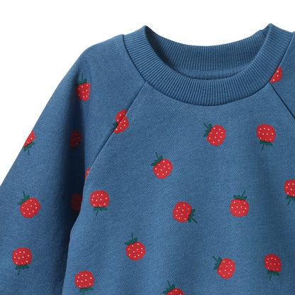A close-up of a blue long-sleeve sweatshirt featuring an all-over strawberry print, with a ribbed crew neck and raglan sleeves, shown against a plain white background.
