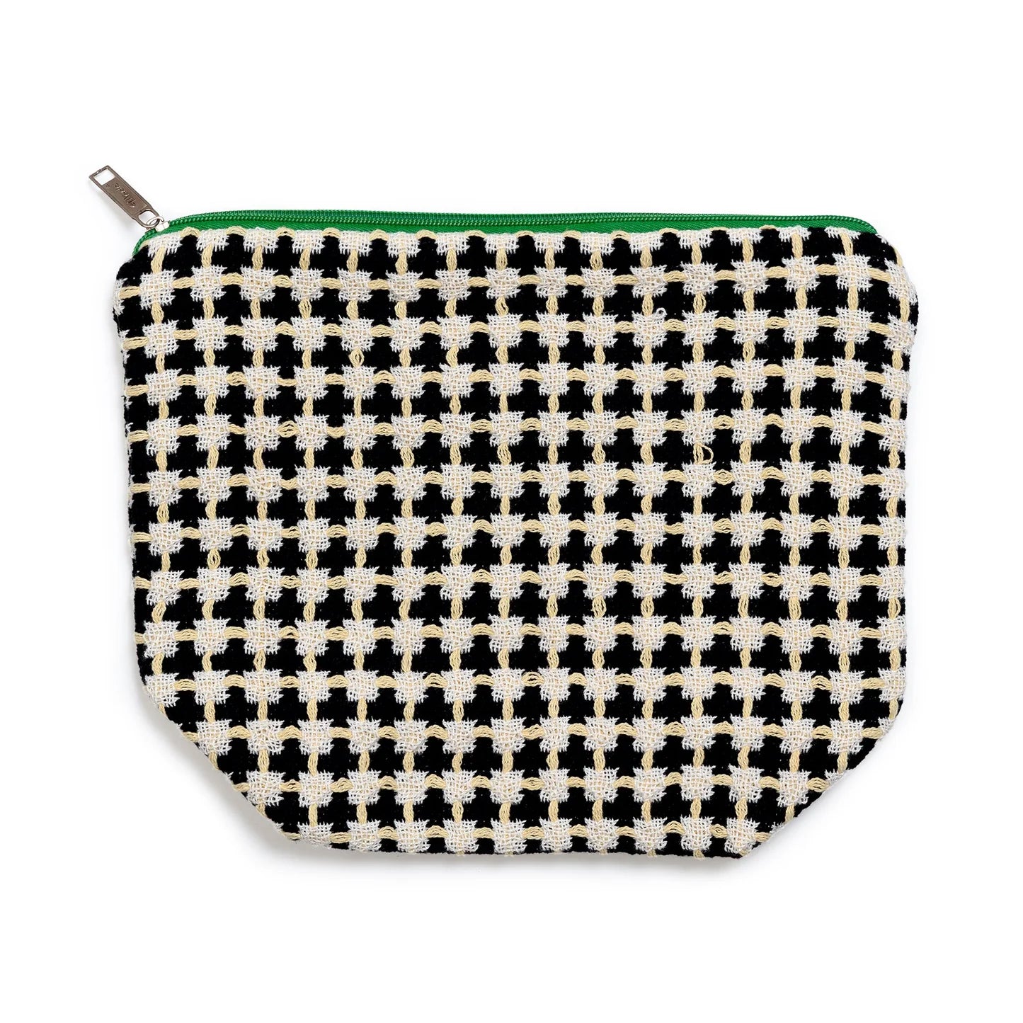 Houndstooth patterned pouch with a green zipper on a white background