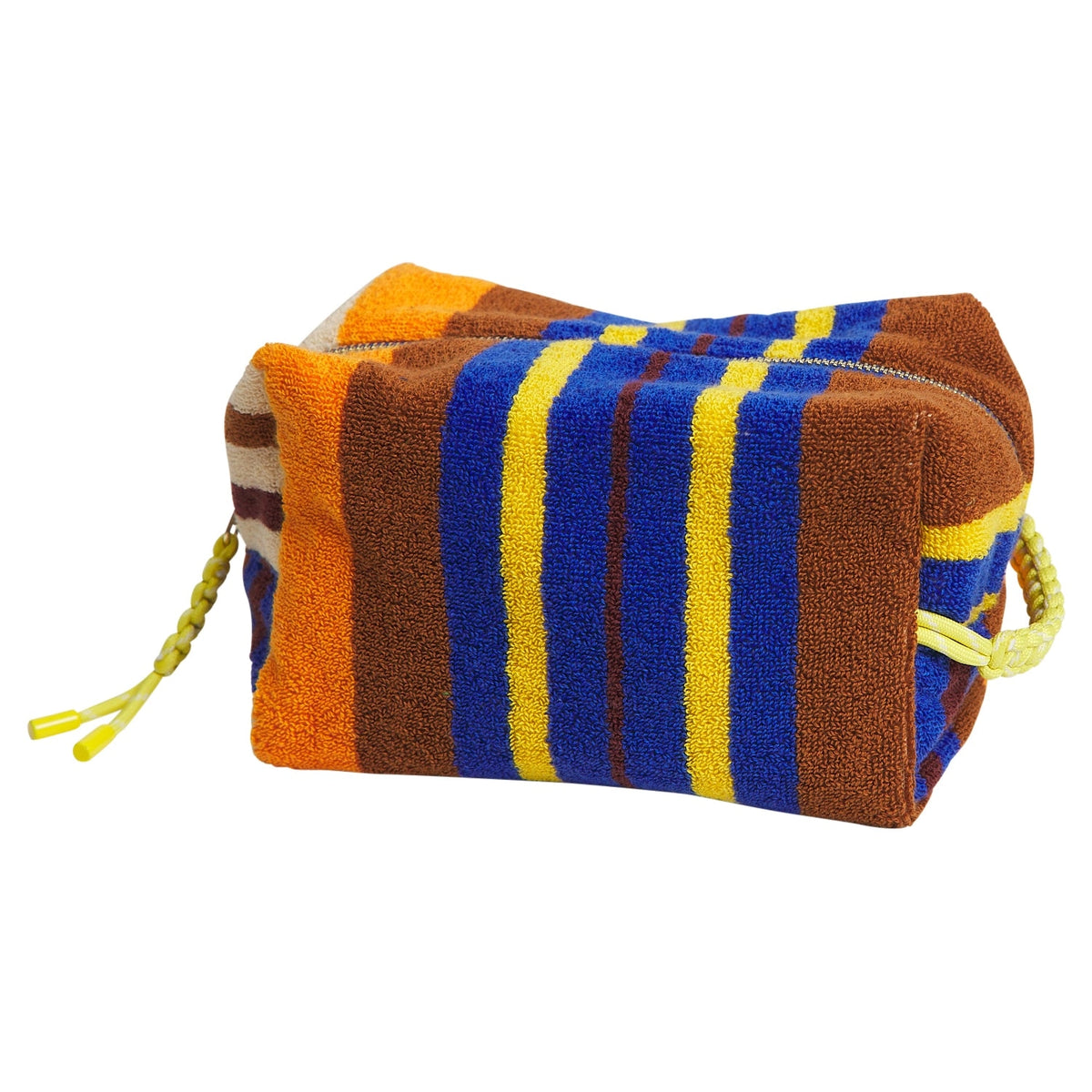Striped pouch with orange, blue, and yellow colors on a white background