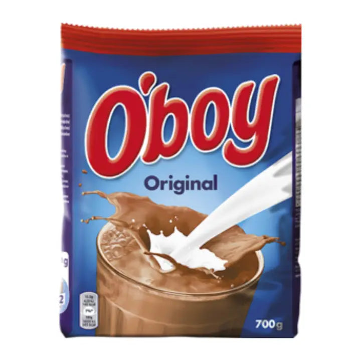 A package of O'boy chocolate drink, made in Sweden, and the perfect drink mix for a special midnight sleepy medicine. It is rich and chocolaty and better than just plain old milk.