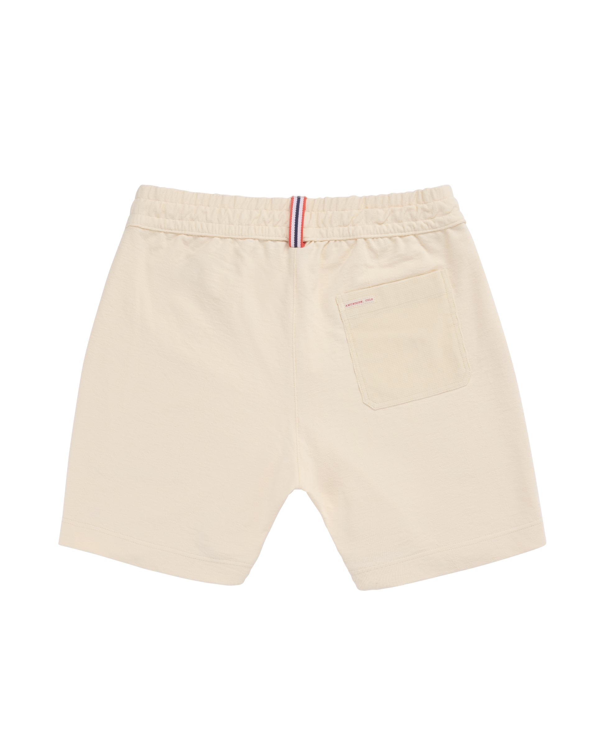 Beige shorts with a striped waistband on a white background