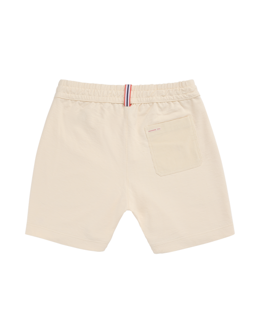 Beige shorts with a striped waistband on a white background