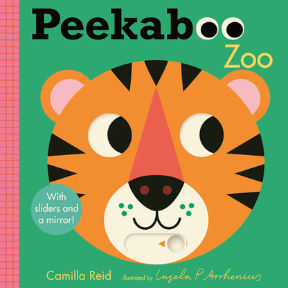 Book cover of 'Peekaboo Zoo' featuring a tiger illustration on a green background.