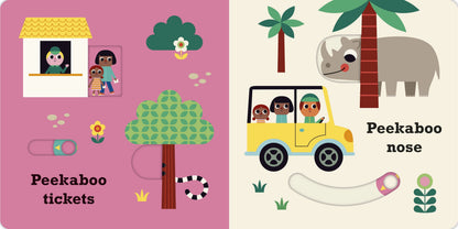 Children's book with illustrations of a pink ticket window and a yellow jeep with rhinos, on a pink and white background.