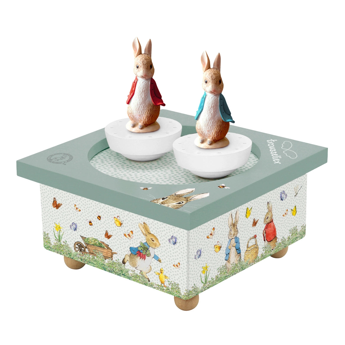 Decorative music box with rabbit figures and Peter Rabbit illustrations on a white background