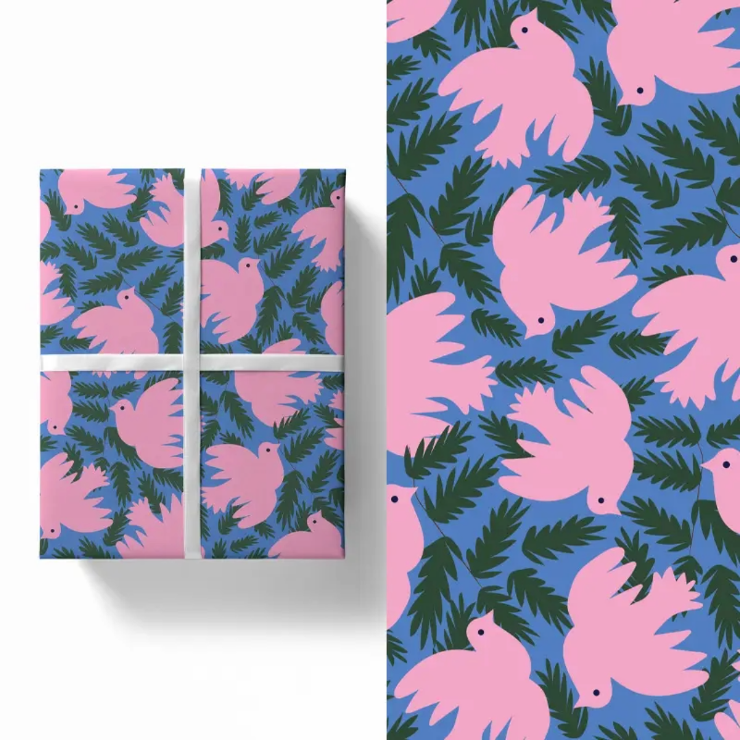 Gift box with pink bird and green leaf pattern on blue background, The most magical gift wrap prefect for making your receiver smile. They come in sheets so if you are wrapping a large gift it will take a few sheets taped together.&nbsp;

High quality, large gift wrap sheets.