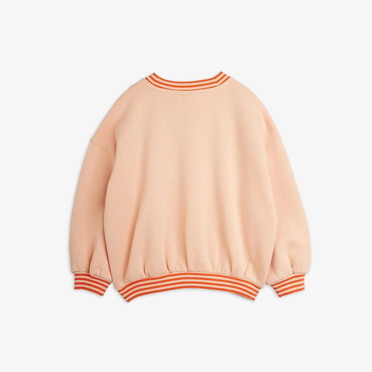 A light peach crewneck sweatshirt with orange and white striped ribbed trim on the collar, cuffs, and hem, shown from the back on a light gray background.