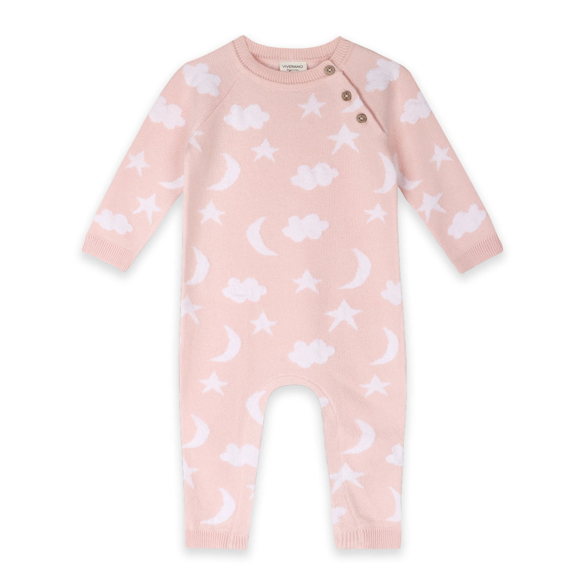 Baby onesie with star, moon, and cloud pattern on a pink background