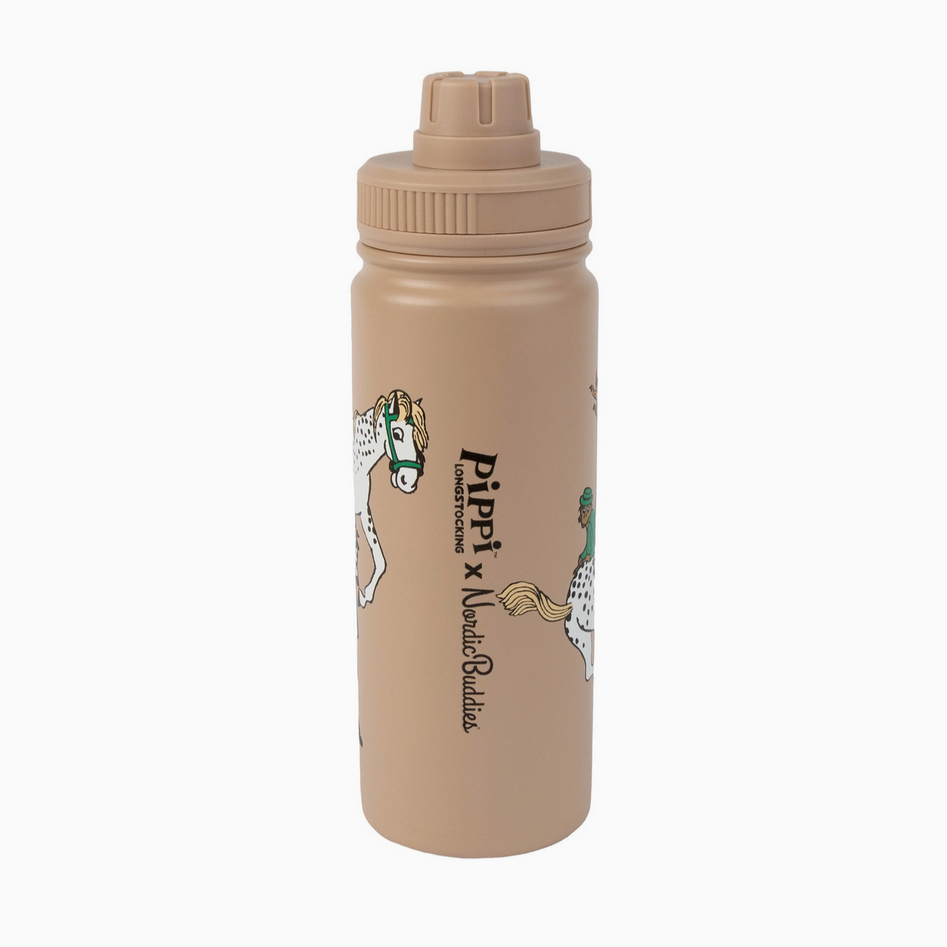 Beige water bottle with horse illustrations and 'Pippi' text on a white background