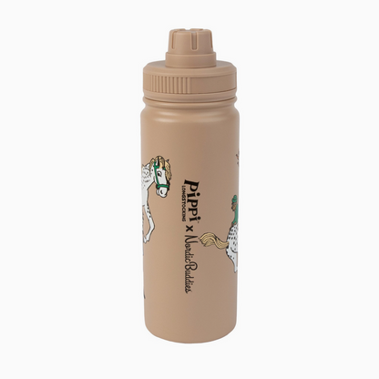Beige water bottle with horse illustrations and 'Pippi' text on a white background