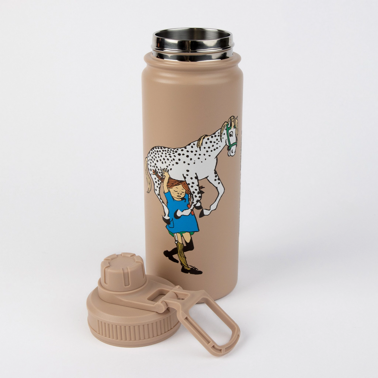 Beige water bottle with a horse and rider illustration on a white background