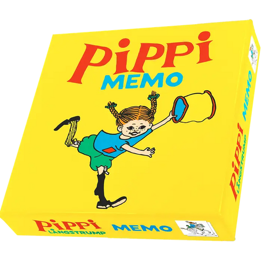 Pippi Memo game box with cartoon character on a yellow background