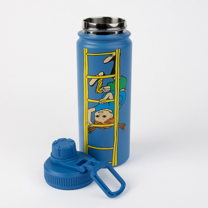 Blue water bottle with cartoon design on a white background
