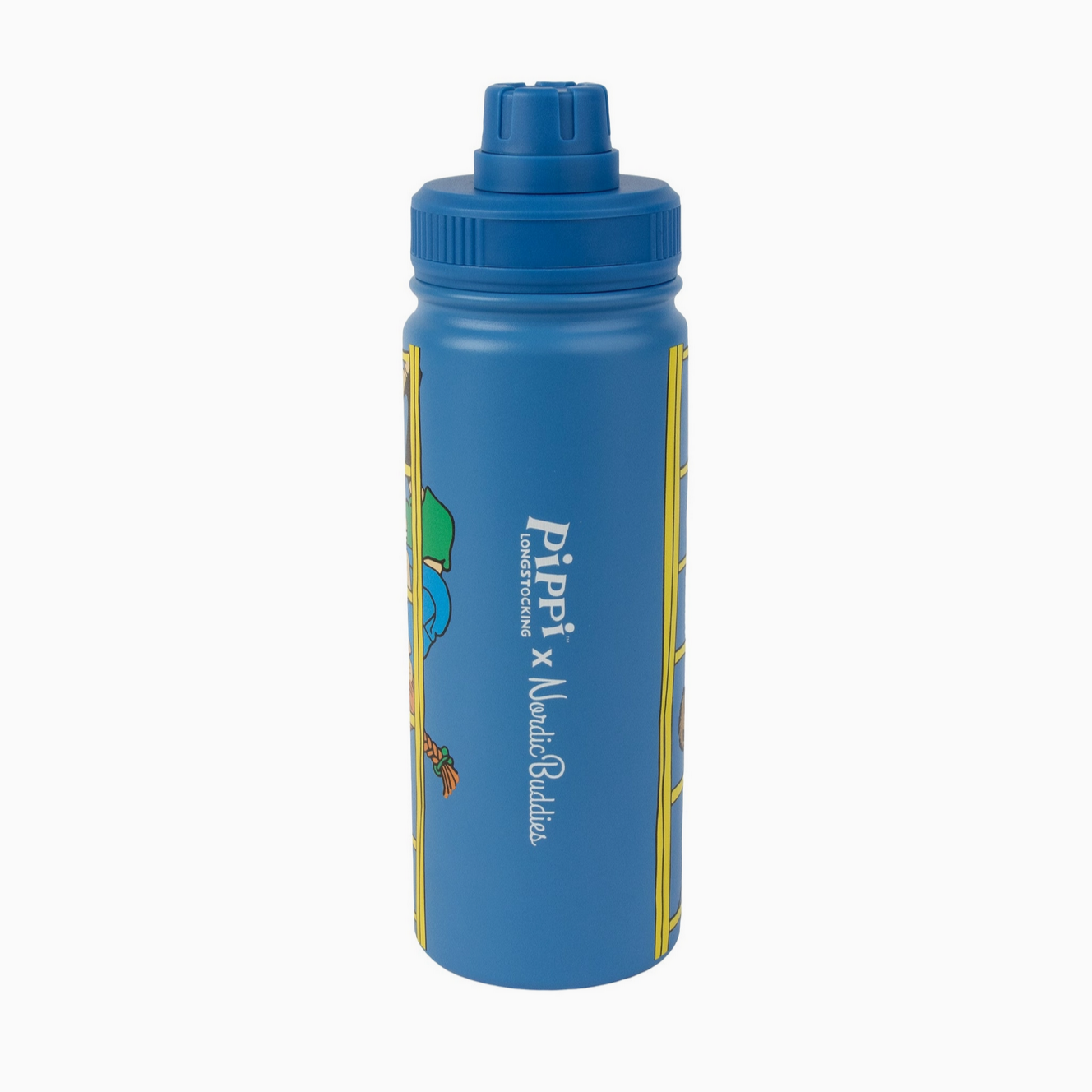 Blue water bottle with a design and branding on a white background